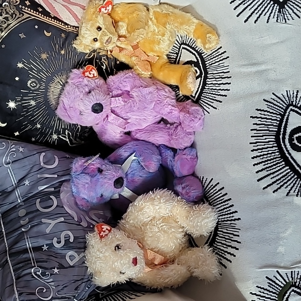 Ty Plush Teddy Bears in Cream, Purple, Lilac, and Gold